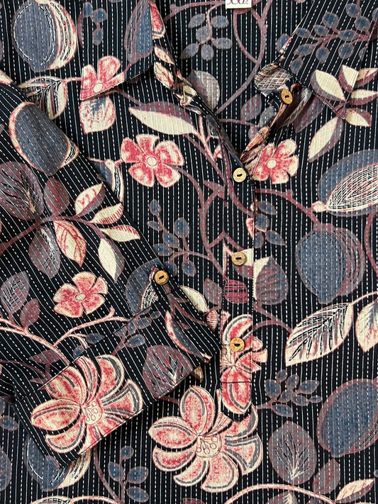 Black floral shirt collar kurti