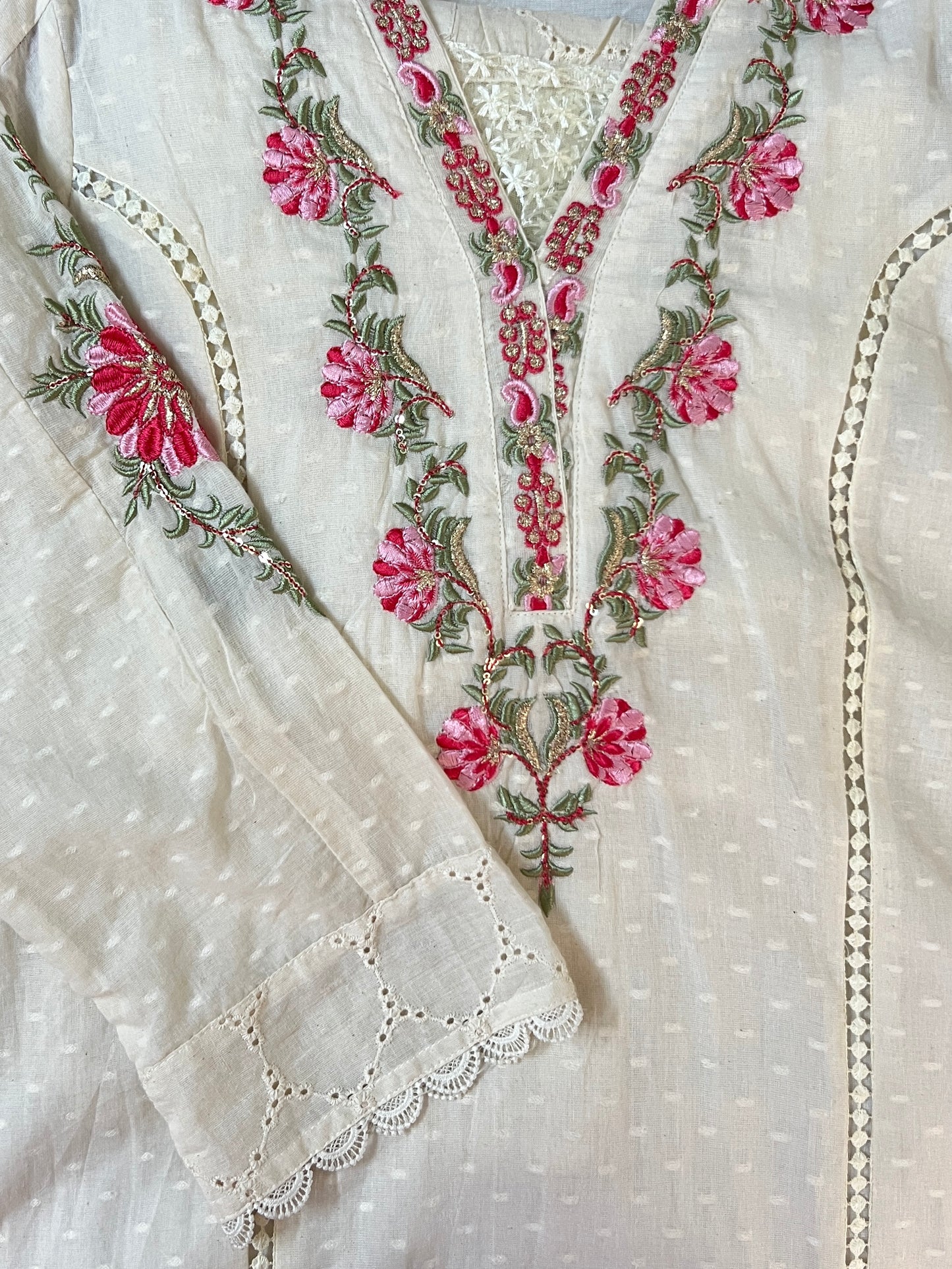 White with pink embroidered suit set