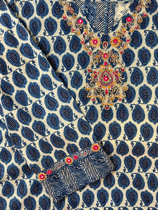 Blue with neck embroidered suit set