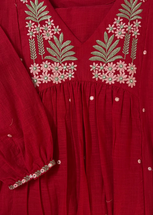 Red Linen embroidered kurti and pant set