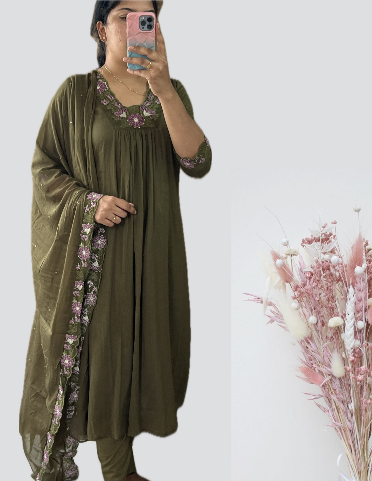 Olive Green Embroidered Suit Set