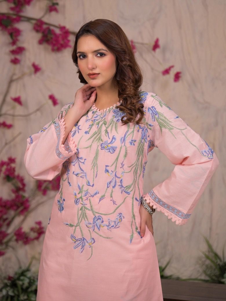 Pink with blue embroidered cord set