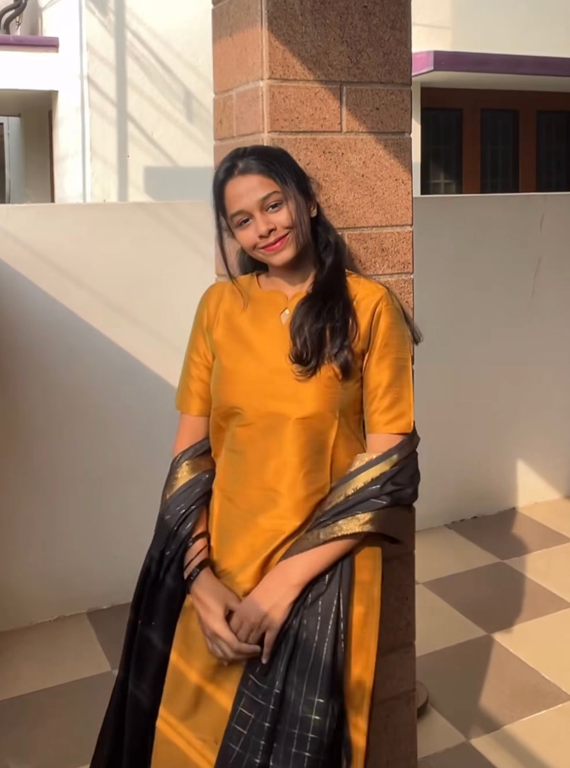 Mustard Kurti With Black Striped Dupatta