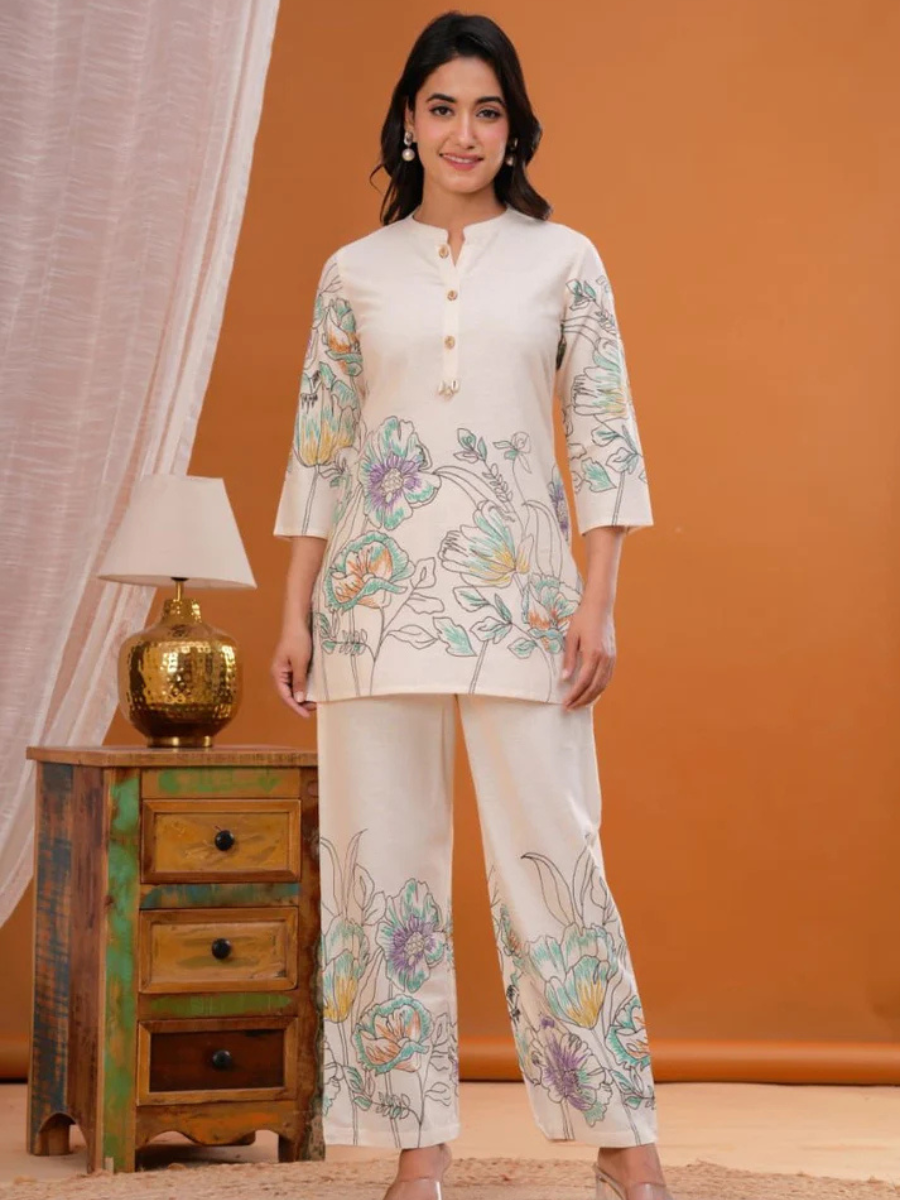 Cream abstract Blue cord set