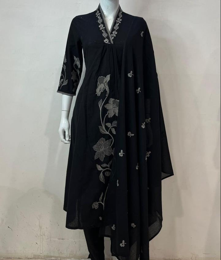 Black Embroidered A Line Suit Set