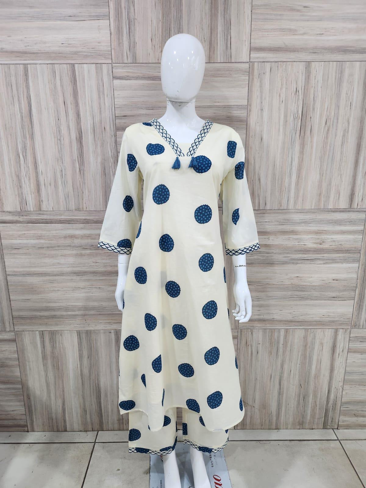 White with Blue polka dots Kurti set