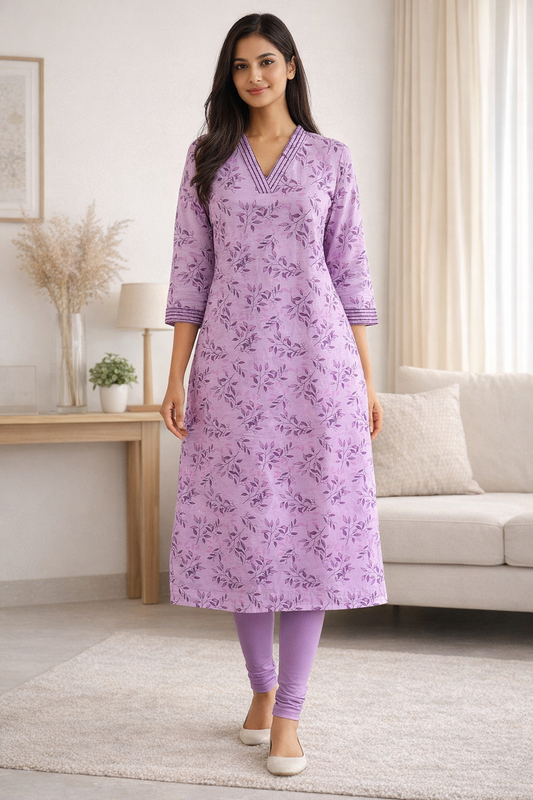 Lavender And Black Leaf Kurti