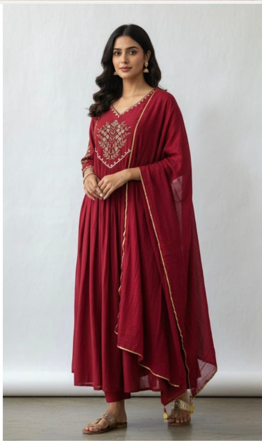 Maroon Sequins mul chanderi suit set