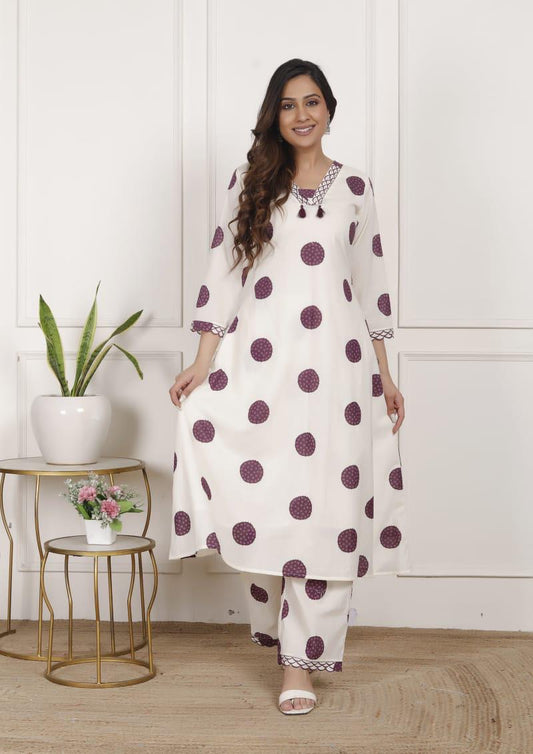 White with Purple polka dots kurti set