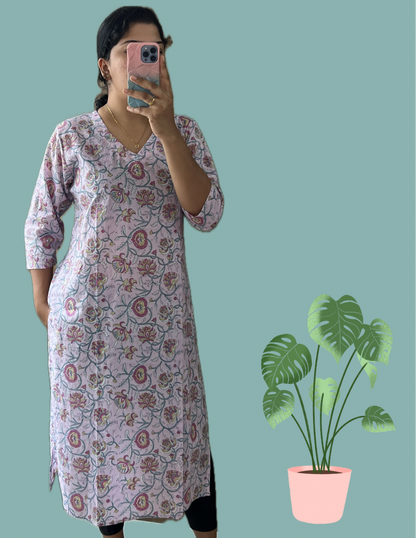 Pink floral block printed kurti