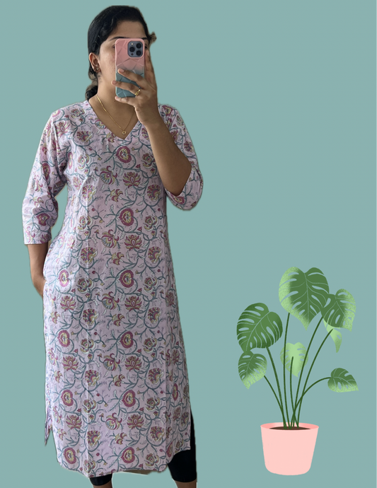Pink floral block printed kurti