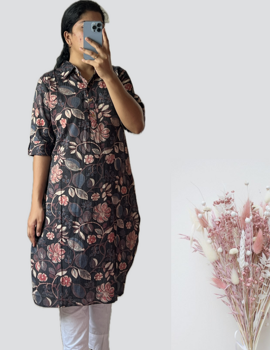 Black floral shirt collar kurti