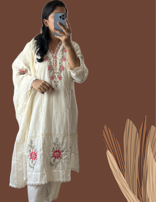 White with pink embroidered suit set