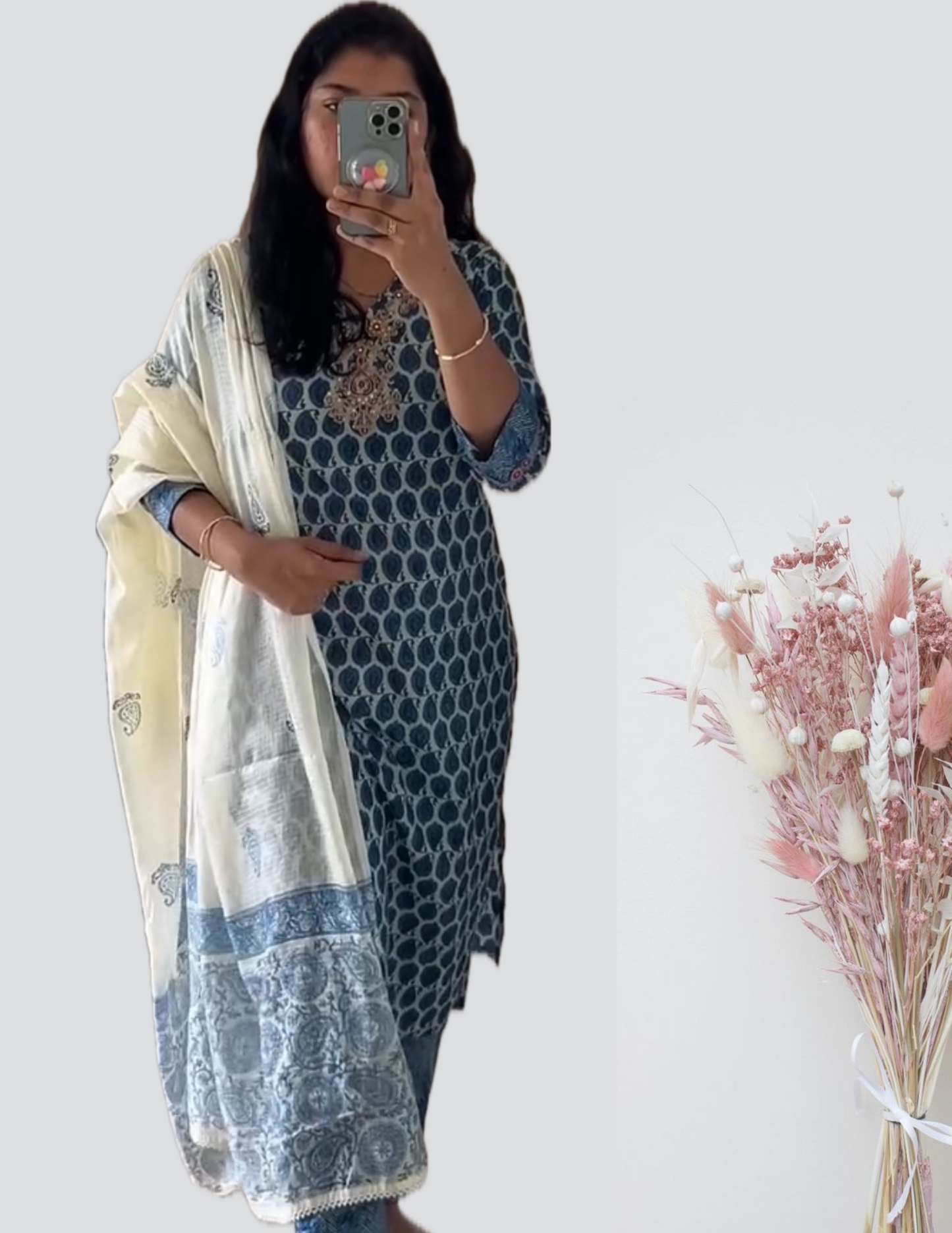 Blue with neck embroidered suit set