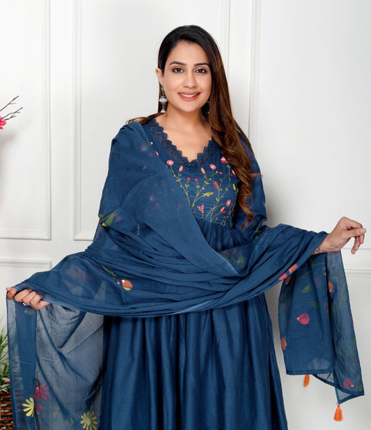Navy Blue Yoke embroidered suit set