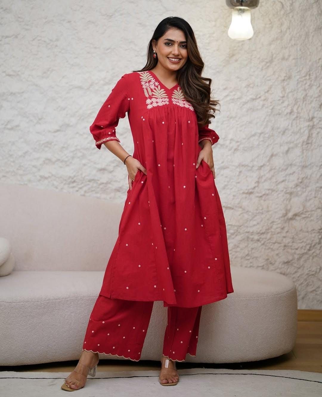 Red Linen embroidered kurti and pant set