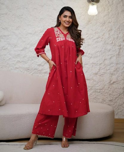 Red Linen embroidered kurti and pant set