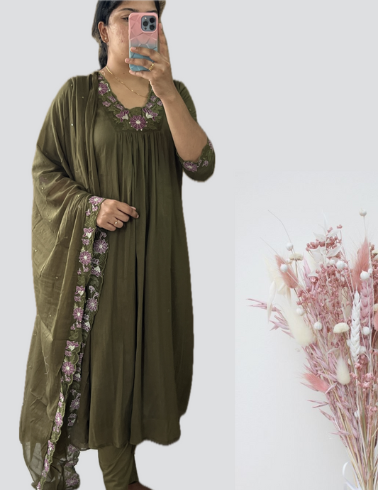 Olive Green Embroidered Suit Set