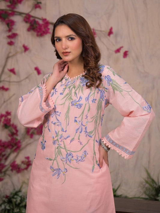 Pink with blue embroidered cord set