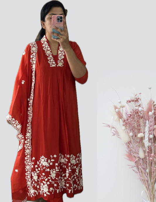 Red White embroidered suit set