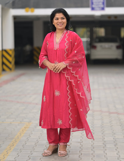 Pink A Line Embroidered Suit Set
