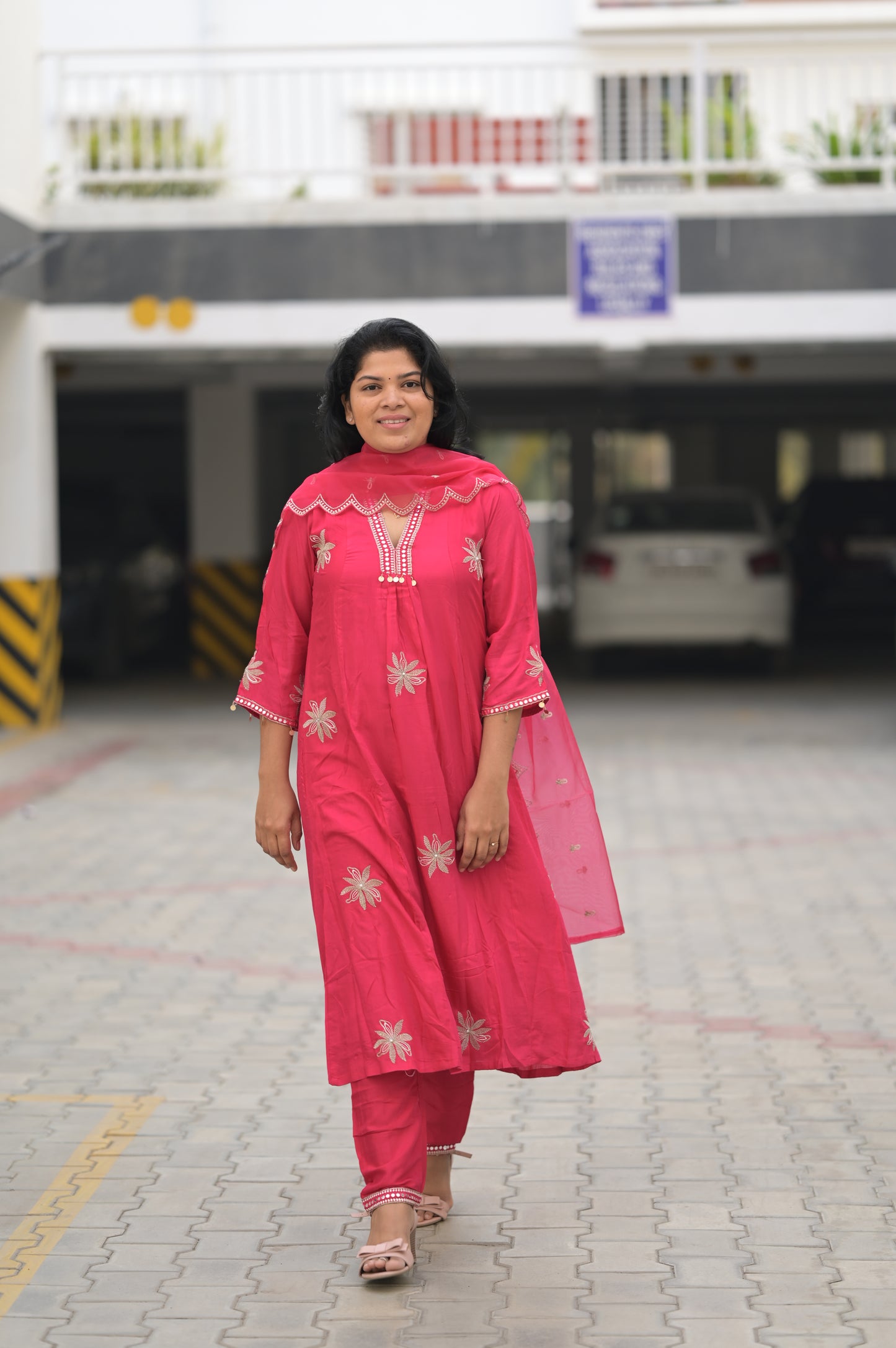 Pink A Line Embroidered Suit Set