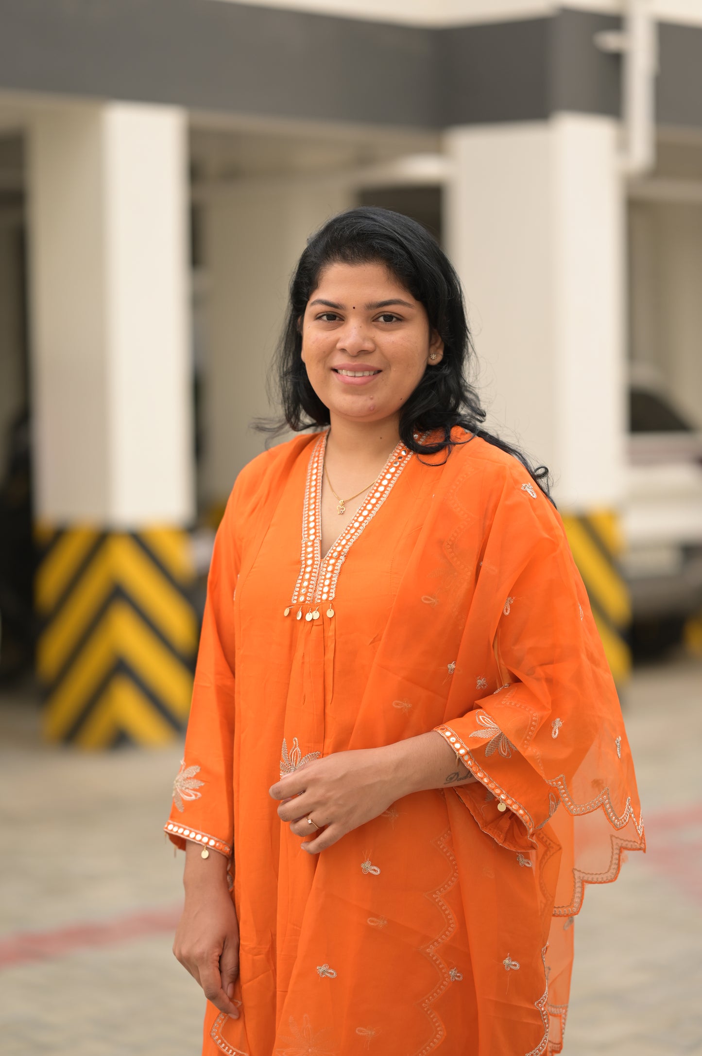 Orange A Line Embroidered Suit Set