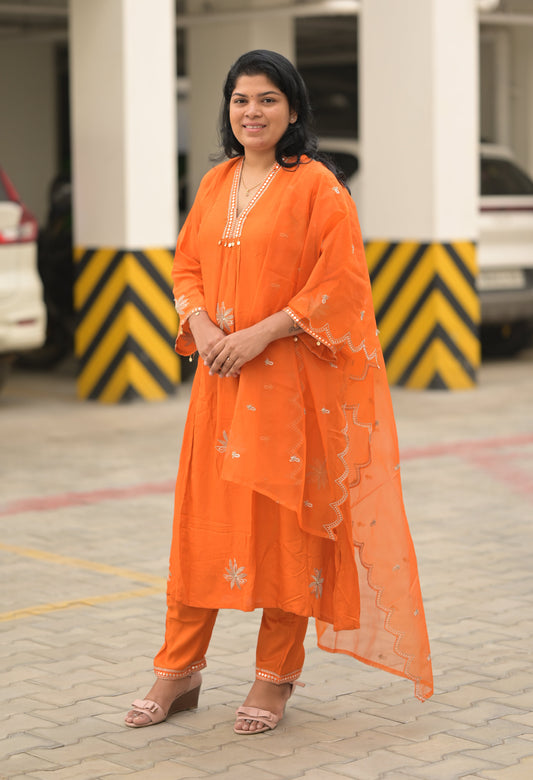 Orange A line embroidered suit set