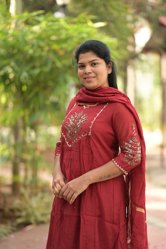 Maroon Sequins Mul Chanderi Suit Set