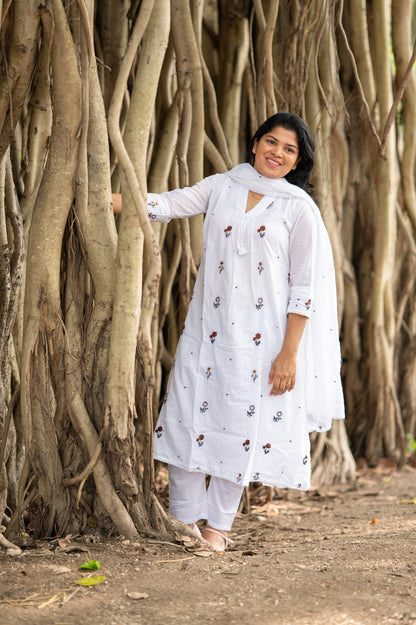 White Embroidered Mul Cotton Suit Set