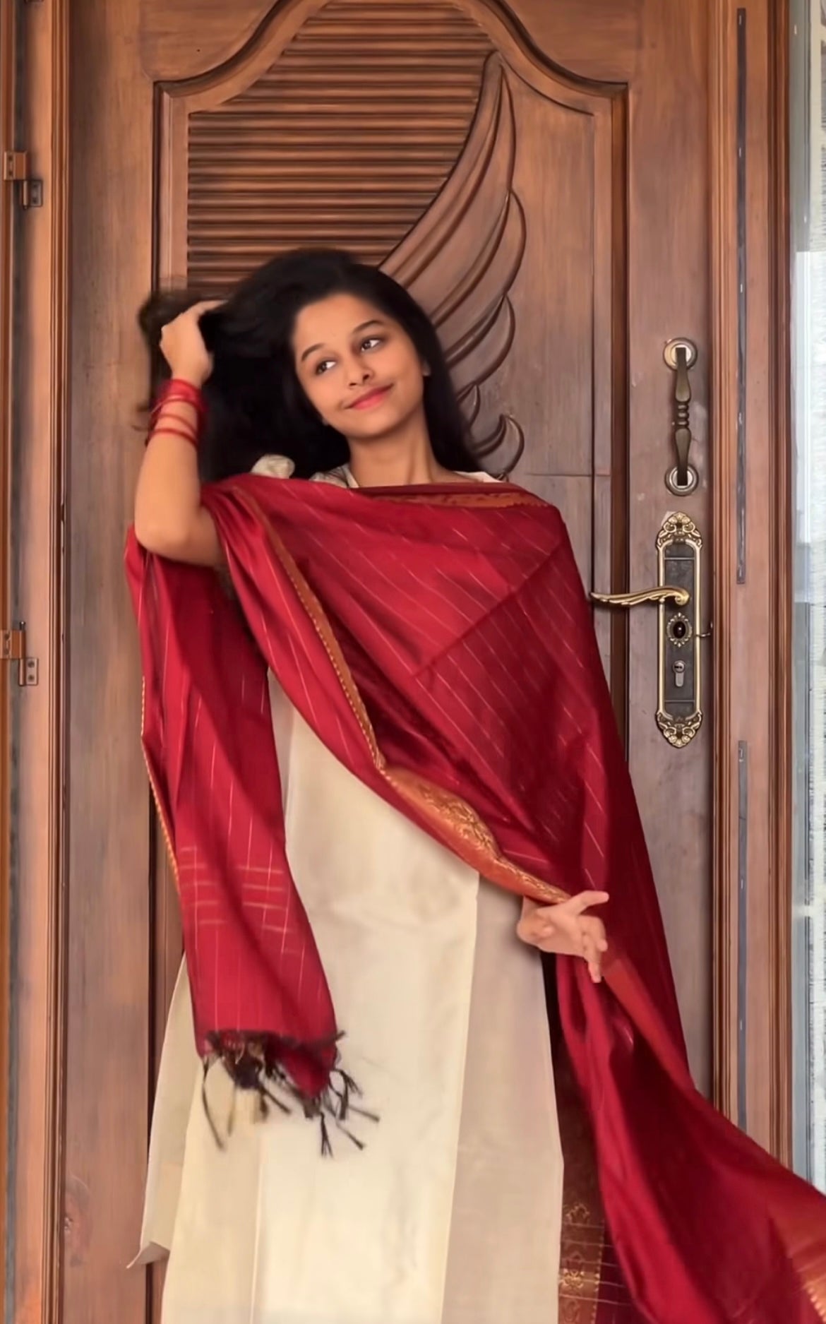 Cream Kurti With Red Striped Dupatta