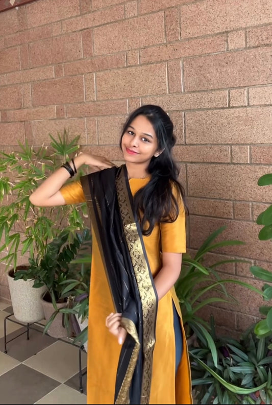 Mustard Kurti With Black Striped Dupatta