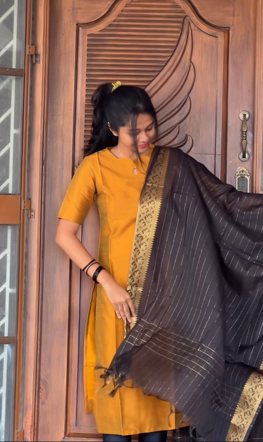 Mustard Kurti With Black Striped Dupatta