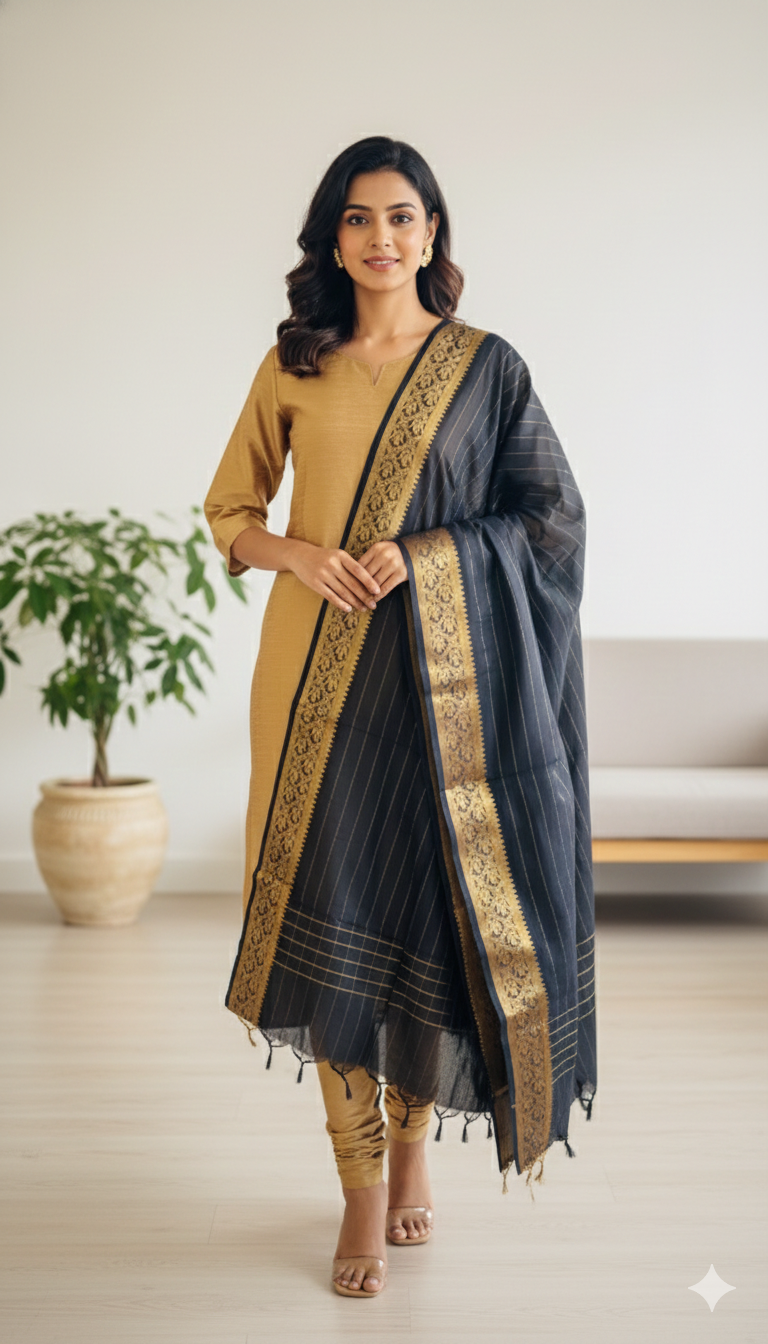 Copper Kurti With Black Striped Dupatta