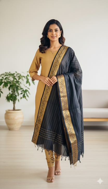 Copper Kurti With Black Striped Dupatta