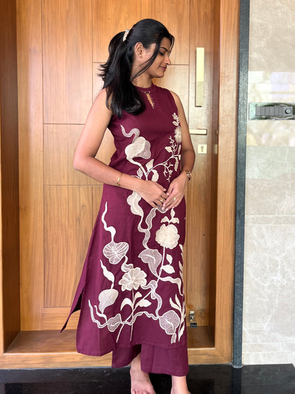 Wine embroidered kurti and pant