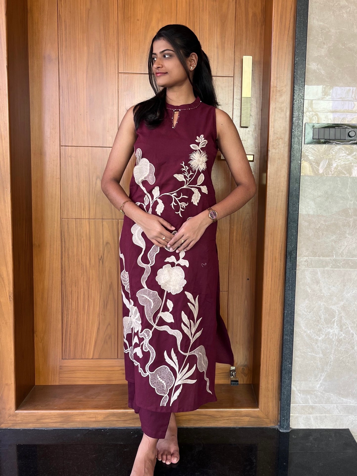 Wine embroidered kurti and pant
