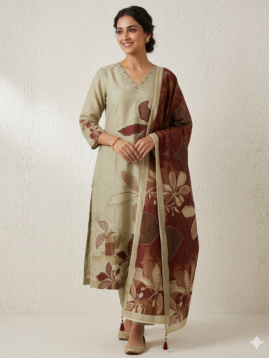 Silver Maroon Floral Suit Set