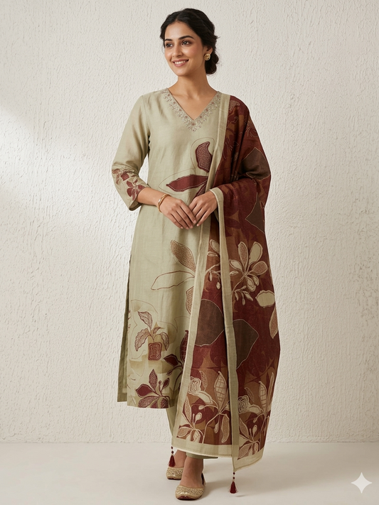 Silver Maroon Floral Suit Set