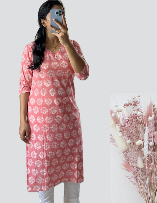 Peach block printed kurti