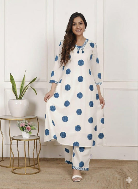 White with Blue polka dots Kurti set