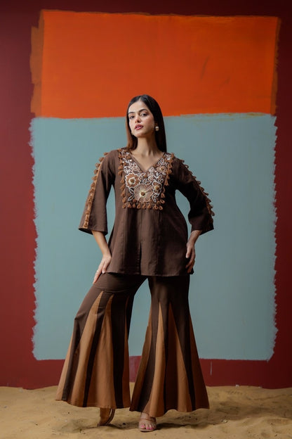 Brown Panel Embroidered Cords