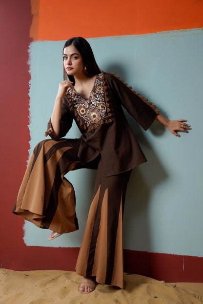 Brown Panel Embroidered Cords