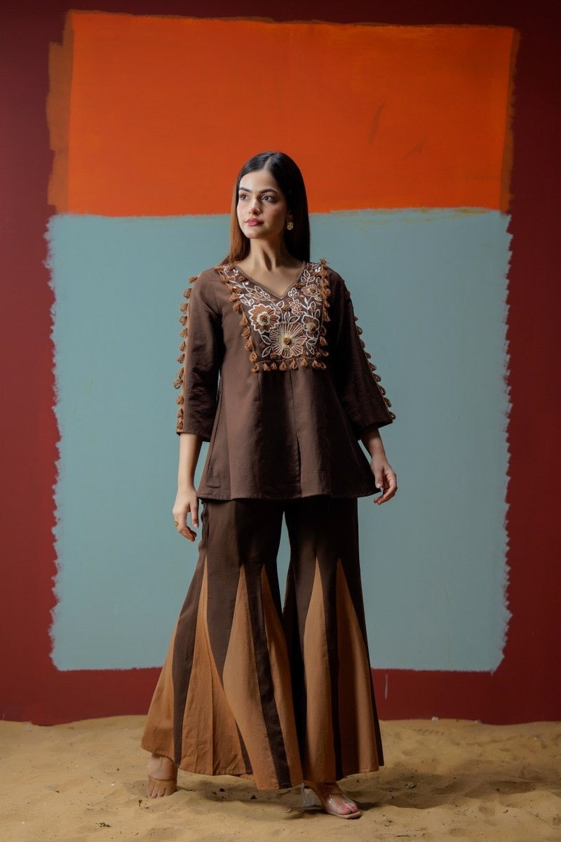 Brown Panel Embroidered Cords