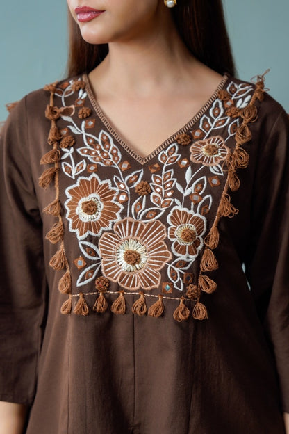 Brown Panel Embroidered Cords