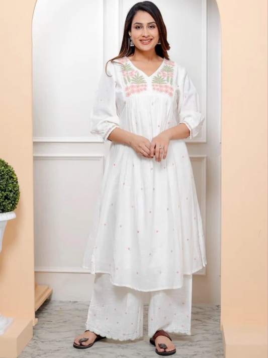 White Linen embroidered suit set
