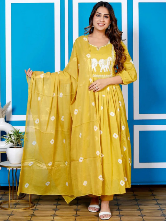 Yellow embroidered umbrella suit set