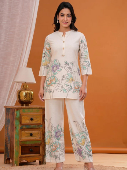 Cream abstract Blue cord set