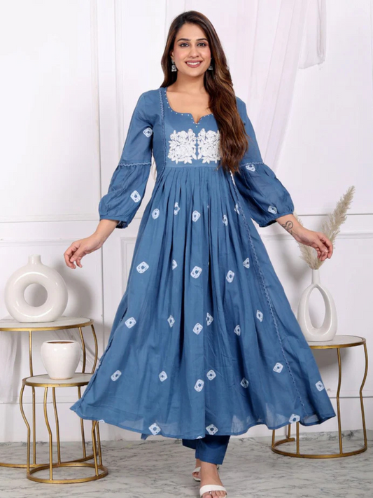 Blue embroidered umbrella suit set
