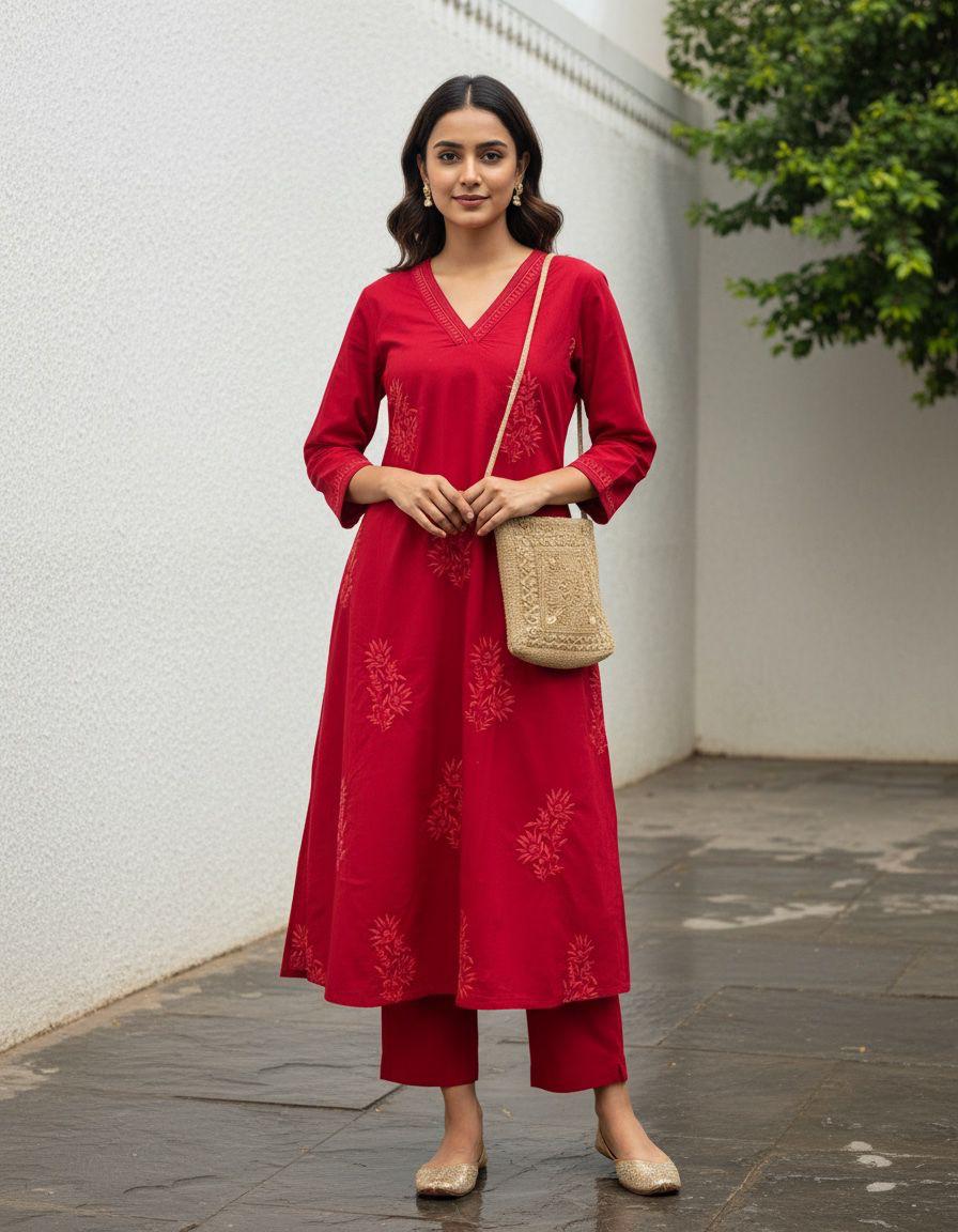 Red Leaf Kurti And Pants